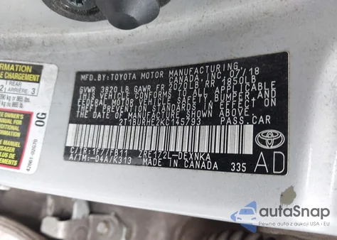 2019 Toyota Corolla Le из США, поврежденный, VIN 2T1BURHE2KC145793